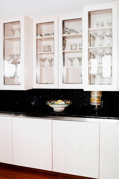 modern kitchen interior with white and black and yellow - Fotoğraf, Görsel