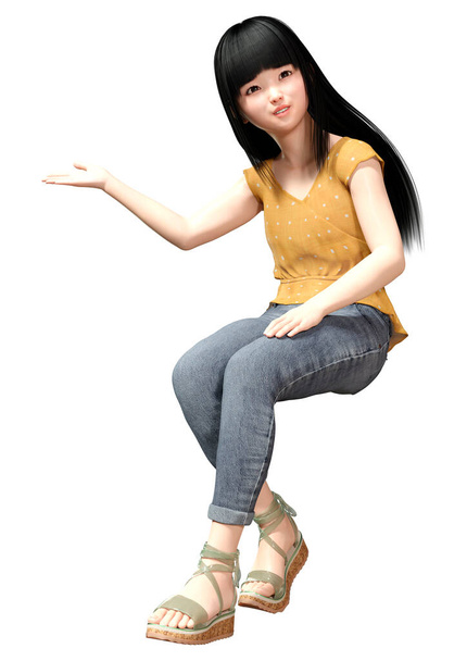 3D rendering of a pretty little Asian girl isolated on white background - Foto, Imagem