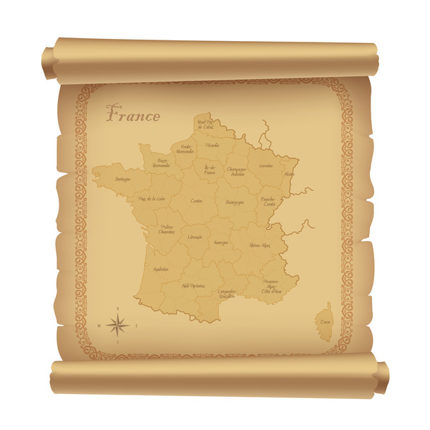 Pergaminho com mapa de França
 - Vetor, Imagem