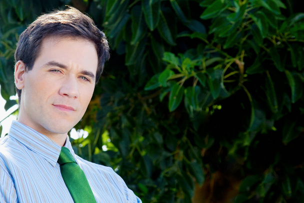 portrait of a handsome young man in a green shirt and a tie on a background of a forest - Foto, Bild