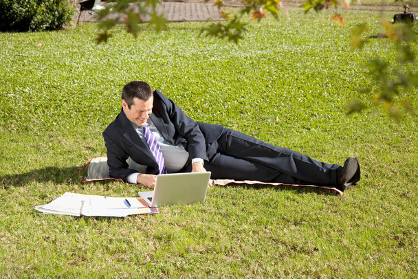 businessman sitting on grass and working on laptop - Fotó, kép