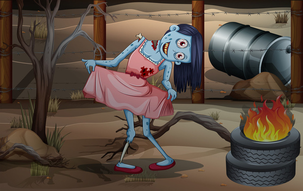 egy női zombi közelében a lángoló gumik - Vektor, kép