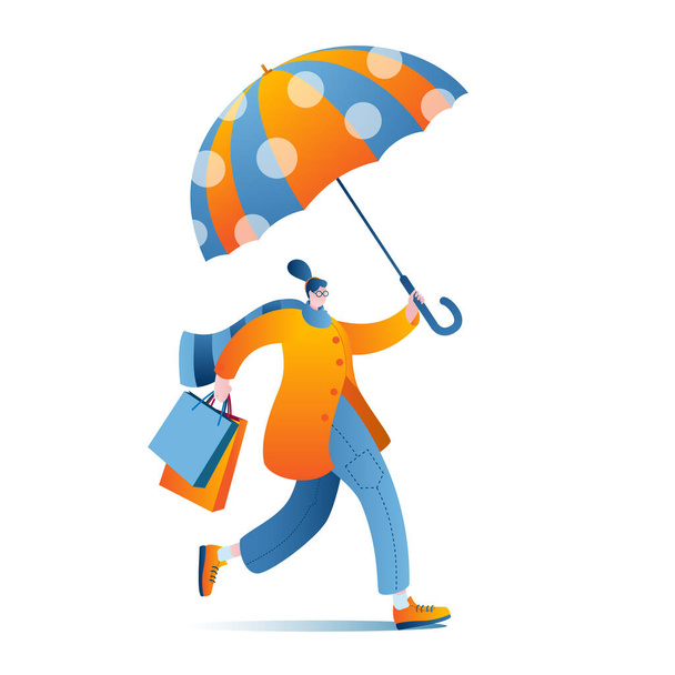 A girl with umbrellas and shopping bags is coming. - Vektor, Bild