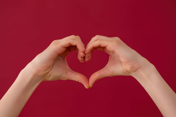 Kobiece dłonie pokazujące oznaki serca na czerwonym tle w studiu. Palce ilustrujące gest miłości na burgundowym tle. Temat Valentine wyrażony symbolem. - Zdjęcie, obraz