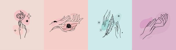 Set of female hand logos templates, emblems. Beauty, lightness. Logo design with various hand gestures. Linear compositions. Vector, flat illustration - Vektor, obrázek
