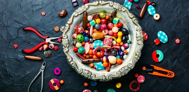 Colorful seed beads of different sizes.Handicraft,beads - Φωτογραφία, εικόνα