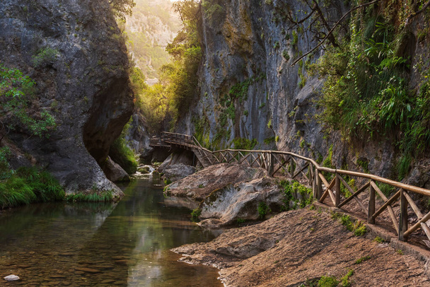 Cerrada de Elias (Elias Canyon), a wooden overpass over the Borosa river in the Sierra de Cazorla. - Photo, Image