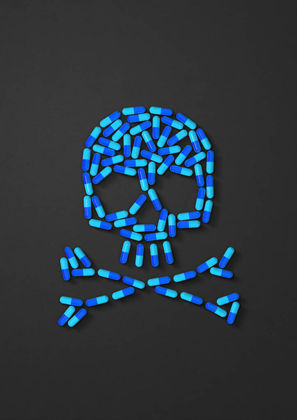 Skull made of blue capsule pills isolated on black background. 3D illustration - Valokuva, kuva