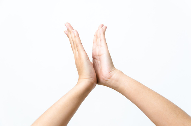 Primer plano de la mano de una hermosa mujer, con la palma en alto. Aislado sobre blanco b
 - Foto, Imagen