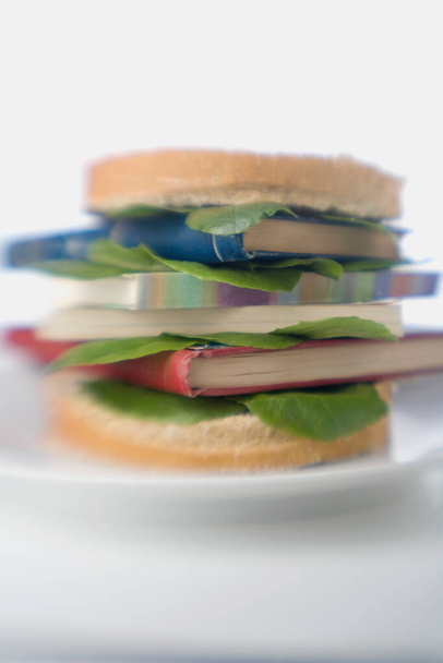 Close-up of note pads between a sandwich on a plate - Fotoğraf, Görsel