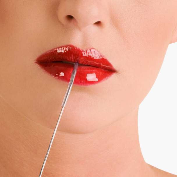 beautiful woman with red lipstick on lips - Zdjęcie, obraz