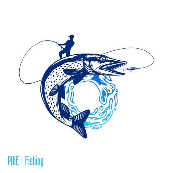 Logo wędkarskie wektorowe z rybą i rybak z wędką. Skoki szczupak i woda splash ilustracja - Wektor, obraz
