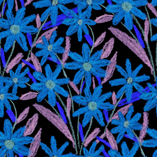 Creative seamless pattern with abstract flowers drawn with wax crayons. Bright colorful floral print. - Foto, imagen