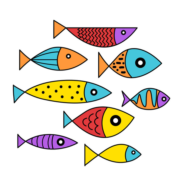 Set of cartoon hand drawn flat fish. Design elements, collection of cute fish. - Vector, Image