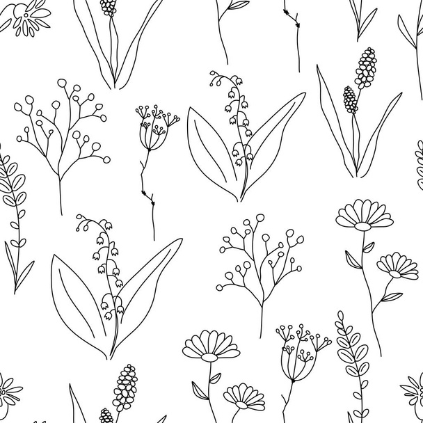 Seamless pattern with wildflowers drawn in thin line. Floral summer vintage print for fabric, textile or wallpaper. Background with outline flowers. Vector illustration - Vector, imagen