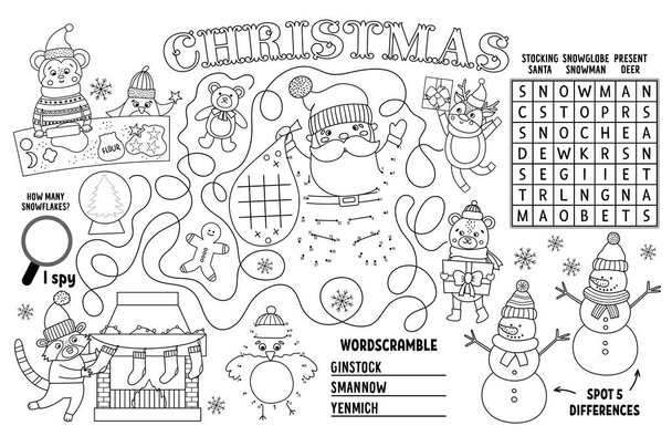 Vector Weihnachten Tischset für Kinder. Winterurlaub druckbare Aktivitätsmatte mit Labyrinth, Tic Tac Toe Diagrammen, verbinden Sie die Punkte, Unterschied zu finden. Schwarz-weiß Neujahr Spielmatte oder Färbung pag - Vektor, Bild
