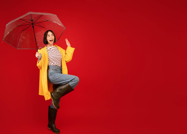 Концепция осенних продаж. Портрет удивленной дамы, стоящей под зонтиком и смотрящей на свободное пространство, красный фон - Фото, изображение