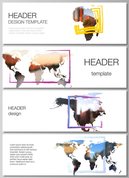 Vector layout of headers, banner templates for website footer design, horizontal flyer design, website header. Design template in the form of world maps and colored frames, insert your photo. - Вектор,изображение