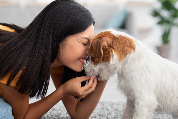 Felice donna asiatica accarezzare il suo cane carino a casa - Foto, immagini