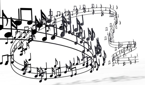 Illustrazione 3d di note musicali e segni musicali di foglio di musica astratta. Design di sottofondo musicale. Scrittura musicale isolata su bianco
. - Foto, immagini
