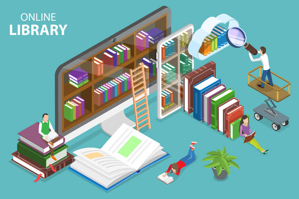 3D Isometric Flat Vector Conceptual Illustration of Online Library - Vector, Image