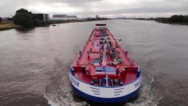 Bow and front deck of oil products tanker on ride. Supertanker loaded with full of oil underway in the open river. - Footage, Video
