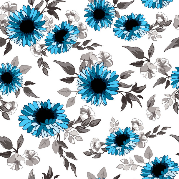 Blue Daisy Flowers Seamless Pattern Background - Vector, afbeelding