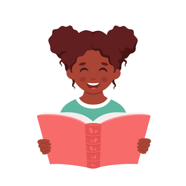 Черная девушка читает книгу. Девочка учится с книгой. Векторная иллюстрация - Вектор,изображение