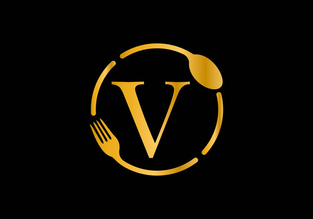 フォーク、スプーン付きの黄金の色の初期Vのモノグラムアルファベット。カフェ、レストラン、料理ビジネス、および会社のアイデンティティのための現代的なベクトルロゴ - ベクター画像
