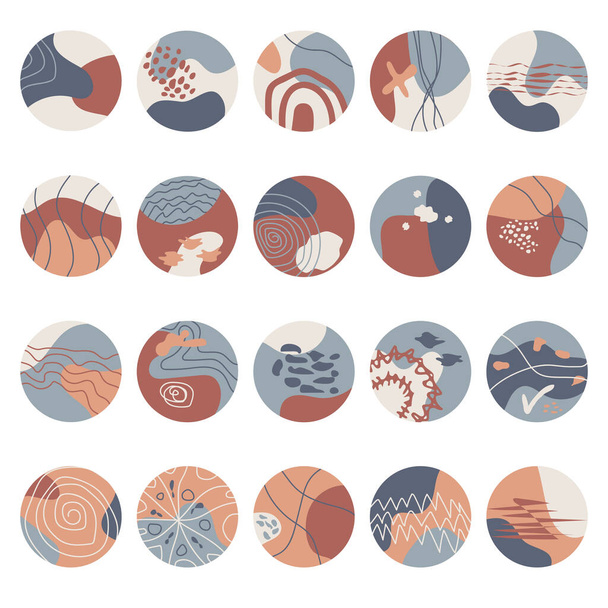 Conjuntos de 20 Historias Insta Iconos Diseño abstracto de redes sociales de moda. Manchas y líneas en el mismo estilo de colores modernos - Vector, imagen