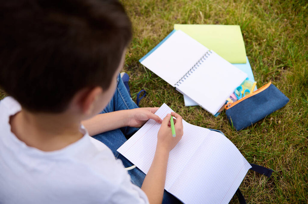 Vista aérea del niño de la escuela escribiendo en hojas vacías en blanco de un libro de trabajo. Vista trasera de un niño de primaria haciendo tareas escolares en el parque después de la escuela. Accesorios de la escuela acostado sobre hierba - Foto, Imagen
