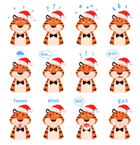 Cartoon cute tigers portraits set with facial expressions. Happy striped Zodiac symbol of New Year 2022 isolated on white background. Animal head in Santa hat with emotion holiday vector illustration. - Wektor, obraz