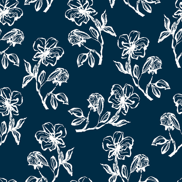 patrón de vectores florales de contorno sin costuras con ramitas y hojas sobre fondo lila contrastante - Vector, imagen