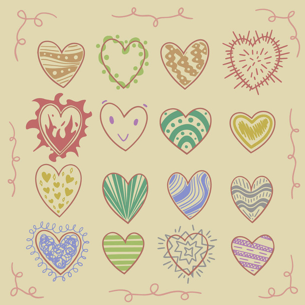 Sixteen hand drawn old fashioned colorful hearts. Perfect for posters, lettering and heart lovers. - ベクター画像