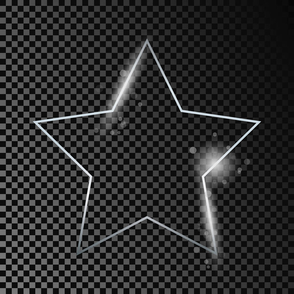 Серебряная светящаяся рамка в форме звезды с блестками, выделенными на темном прозрачном фоне. Блестящая рамка со светящимися эффектами. Векторная иллюстрация - Вектор,изображение