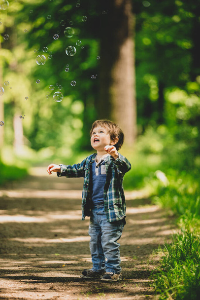 mały chłopiec maluch stoi na chodnik w lesie - Zdjęcie, obraz
