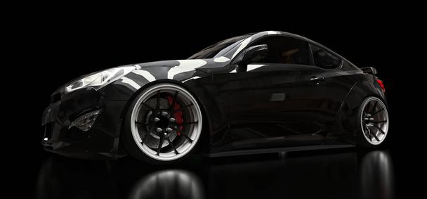 Černé sportovní auto kupé na černém pozadí. 3D vykreslování - Fotografie, Obrázek
