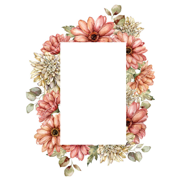 Υδατογραφία φθινοπωρινό πλαίσιο του aster, dahlia και φύλλα. Χέρι ζωγραφισμένα σύνορα των λουλουδιών λιβάδι απομονώνονται σε λευκό φόντο. Floral άγρια απεικόνιση για το σχεδιασμό, εκτύπωση, ύφασμα ή φόντο. - Φωτογραφία, εικόνα