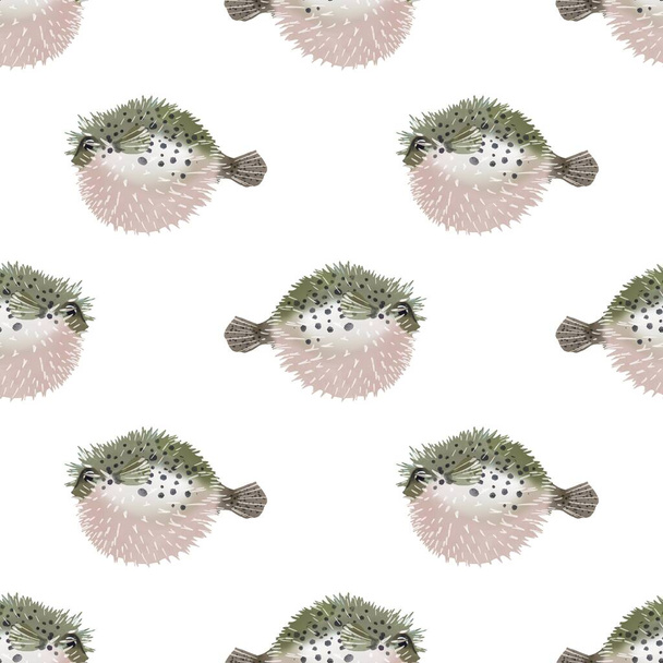 Aquarelle painting of fish sketch art illustration. Fish Fugu seamless pattern  - Photo, Image