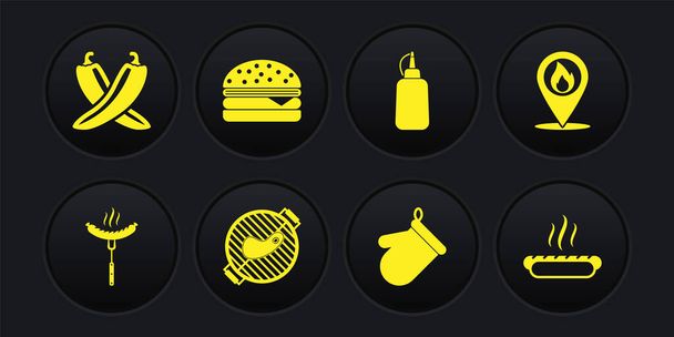 Σετ Λουκάνικο στο πιρούνι, Τοποθεσία με φωτιά φλόγα, ψησταριά μπάρμπεκιου, γάντια φούρνου, Μουστάρδα μπουκάλι, Burger, σάντουιτς Hotdog και σταυρωτό ζεστό chili πιπέρι pod εικονίδιο. Διάνυσμα - Διάνυσμα, εικόνα