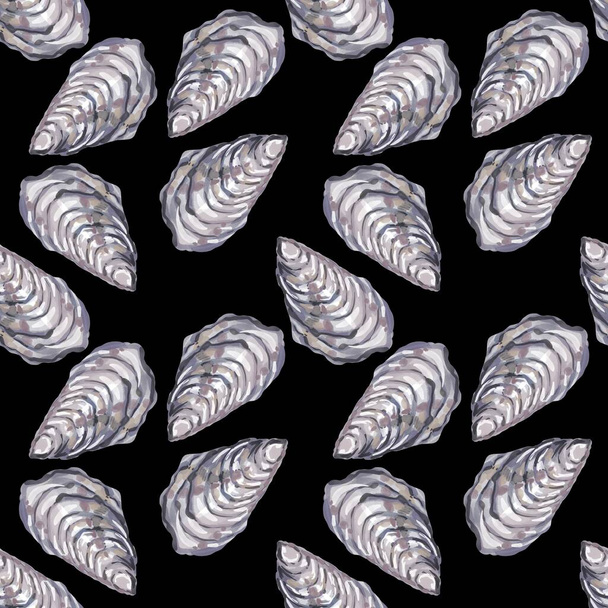 Nautical seamless pattern with watercolor illustrations of shells oyster - Foto, Imagen