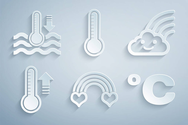 Gökkuşağını kalp, bulut, meteoroloji termometresi, Celsius ve su ikonu ile ayarla. Vektör - Vektör, Görsel