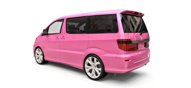 Minibús rosa pequeño para el transporte de personas. Ilustración tridimensional sobre un fondo blanco brillante. renderizado 3d - Foto, Imagen