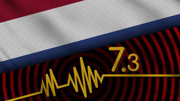 Флаг Волнистой ткани Нидерландов, землетрясение магнитудой 7,3, экстренные новости, концепция бедствий, 3D иллюстрация - Фото, изображение