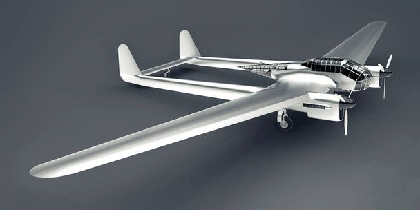 Three-dimensional model of the bomber aircraft of the second world war. Shiny aluminum body with two tails and wide wings. Turboprop engine. Shiny airplane on a gray background. 3d illustration - Photo, Image