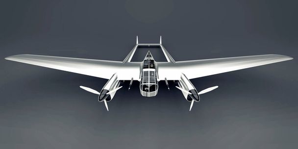 Trójwymiarowy model samolotu bombowego drugiej wojny światowej. Błyszczący aluminiowy korpus z dwoma ogonami i szerokimi skrzydłami. Silnik turbośmigłowy. Świecący samolot na szarym tle. Ilustracja 3D - Zdjęcie, obraz