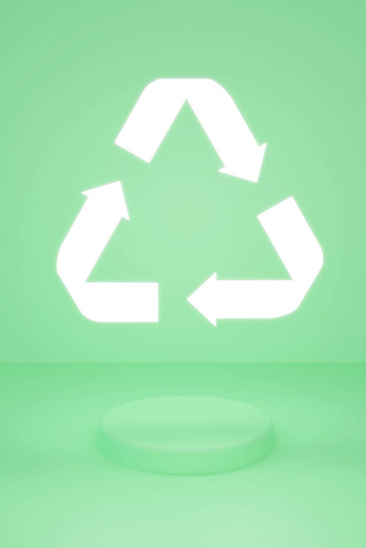 Sign Reduce, Reuse, Recycle on green background with glass balls. 3d render eco illustration. - Fotoğraf, Görsel
