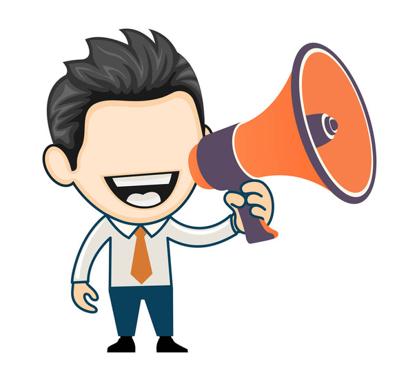 Young businessman giving announcement using loudspeaker. Joyful man holding megaphone. Marketing concept in cartoon vector style - Vector, Image
