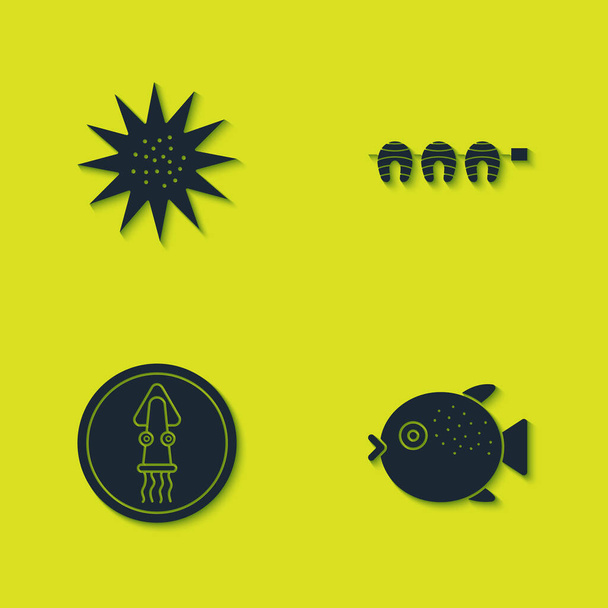 Set Sea urchin, Puffer fish, Octopus on plate and Grilled steak icon. Vector - Vector, Image