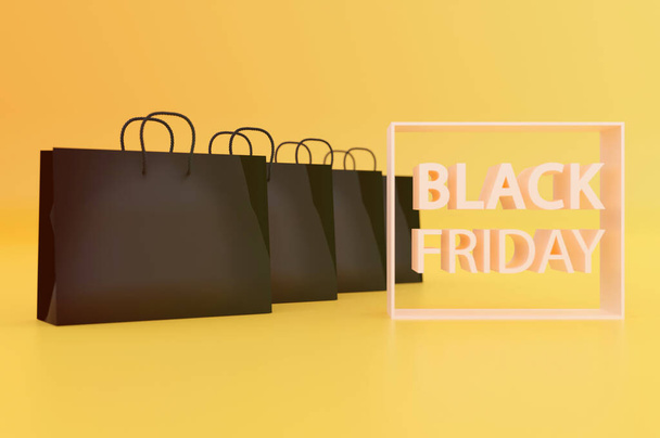 Ilustración 3d. negro viernes bolsas de compras 0n fondo amarillento. Copiar espacio para texto - Foto, imagen